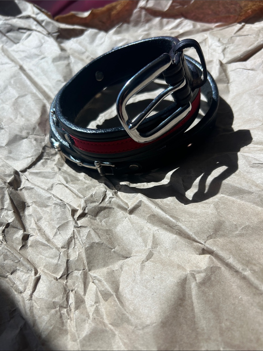Black Leather Belt w/ Red Ribbon & Silver Bits